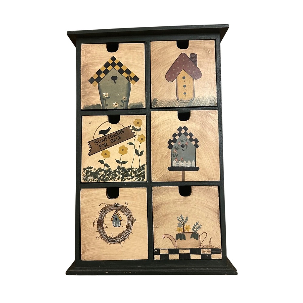 Vintage Primitive Folk Art Wooden 6 Drawer Storage Chest Birdhouse Sunflower